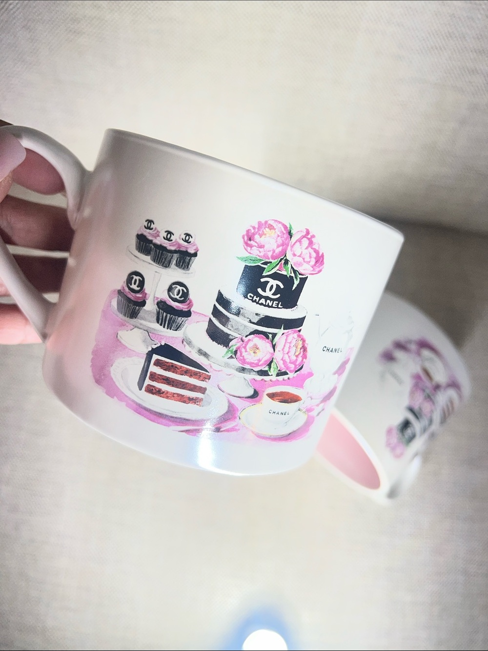 Set of 2 Pink-Interior Ceramic Tea Mugs with Floral & Chanel-Inspired Design